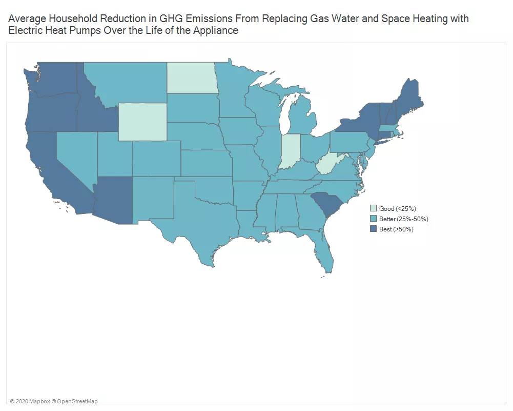 A map of the U.S. displays the reductions expected per state if switching from gas to electric water and space heating.