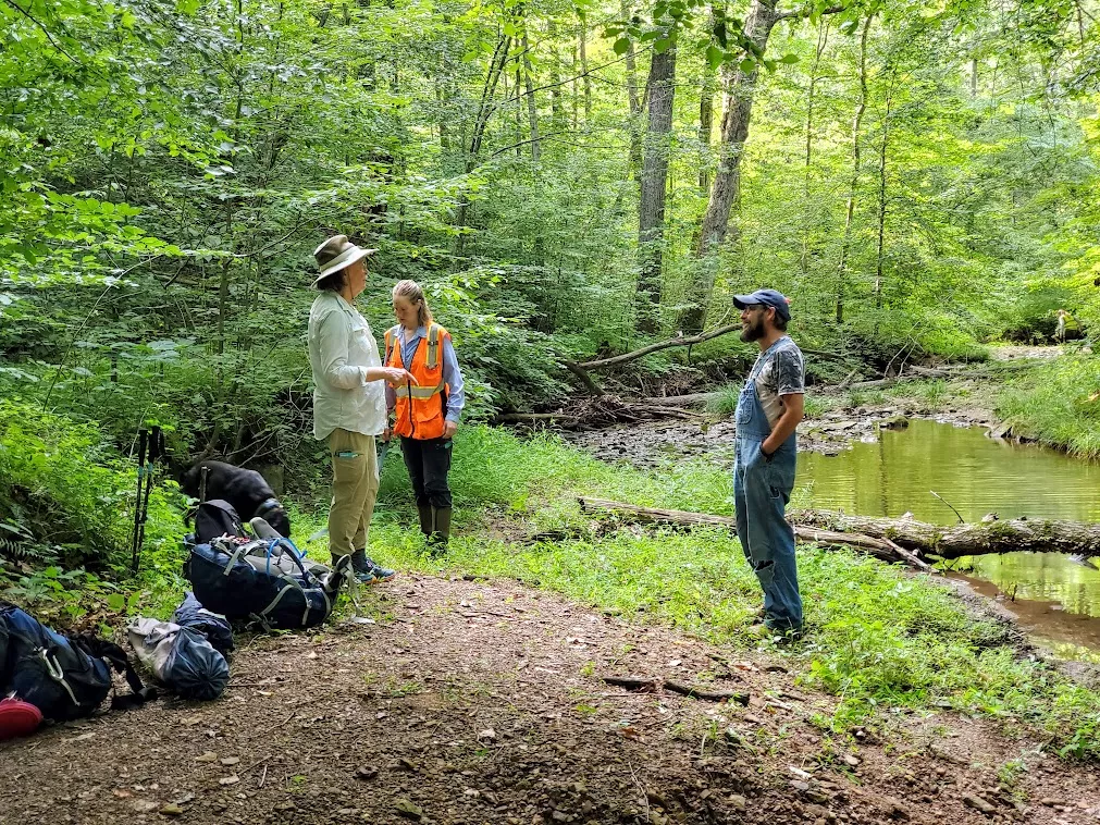 Three people stand in a forest near a river. There are backpacks on the ground and they are talking with another. It is daytime.