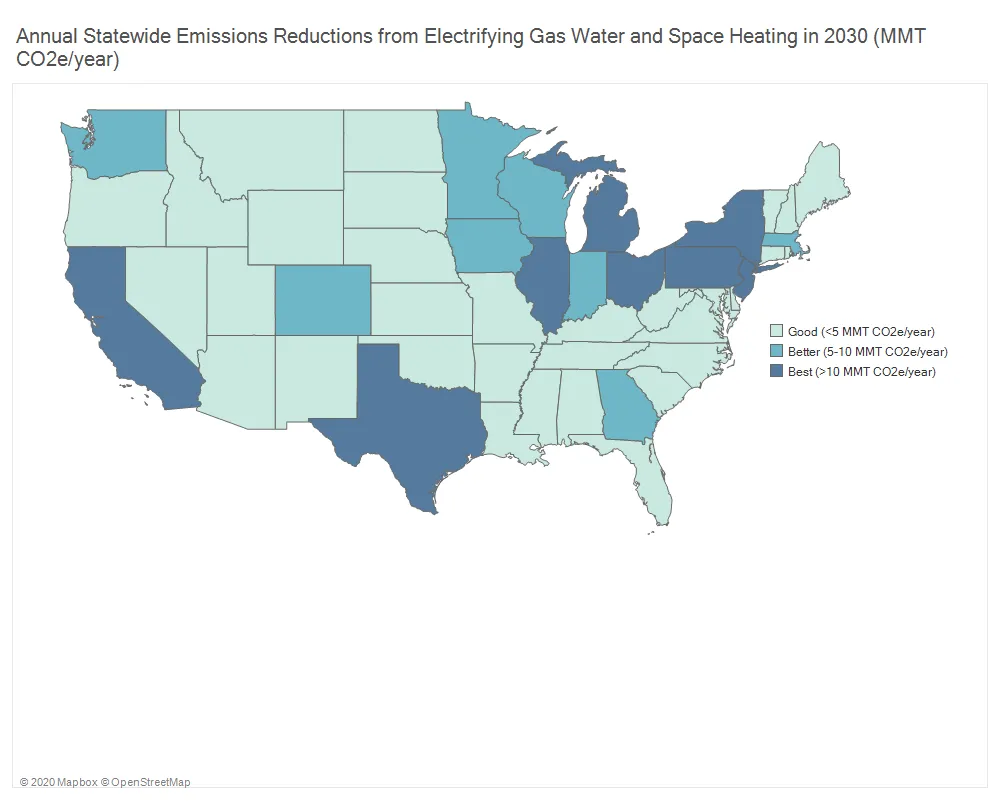 A map of the U.S. displays the emmission reductions expected per state if switching from gas to electric water and space heating.