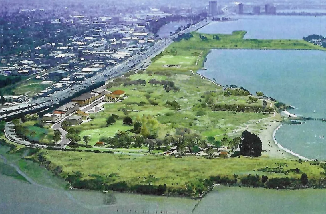 Artist rendering of a low-density, climate resilient development plan for the Golden Gate Fields shoreline.