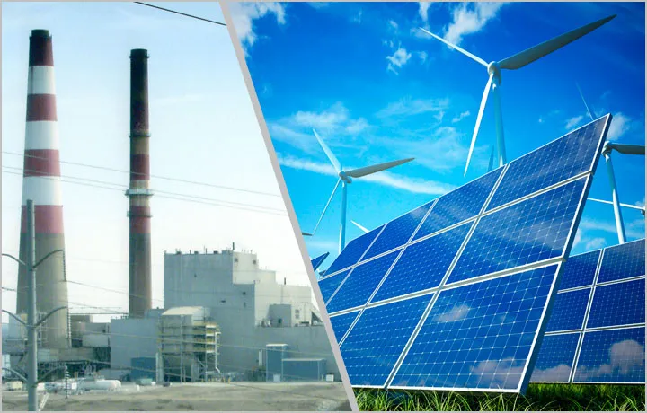 power plant, wind turbines and solar panels