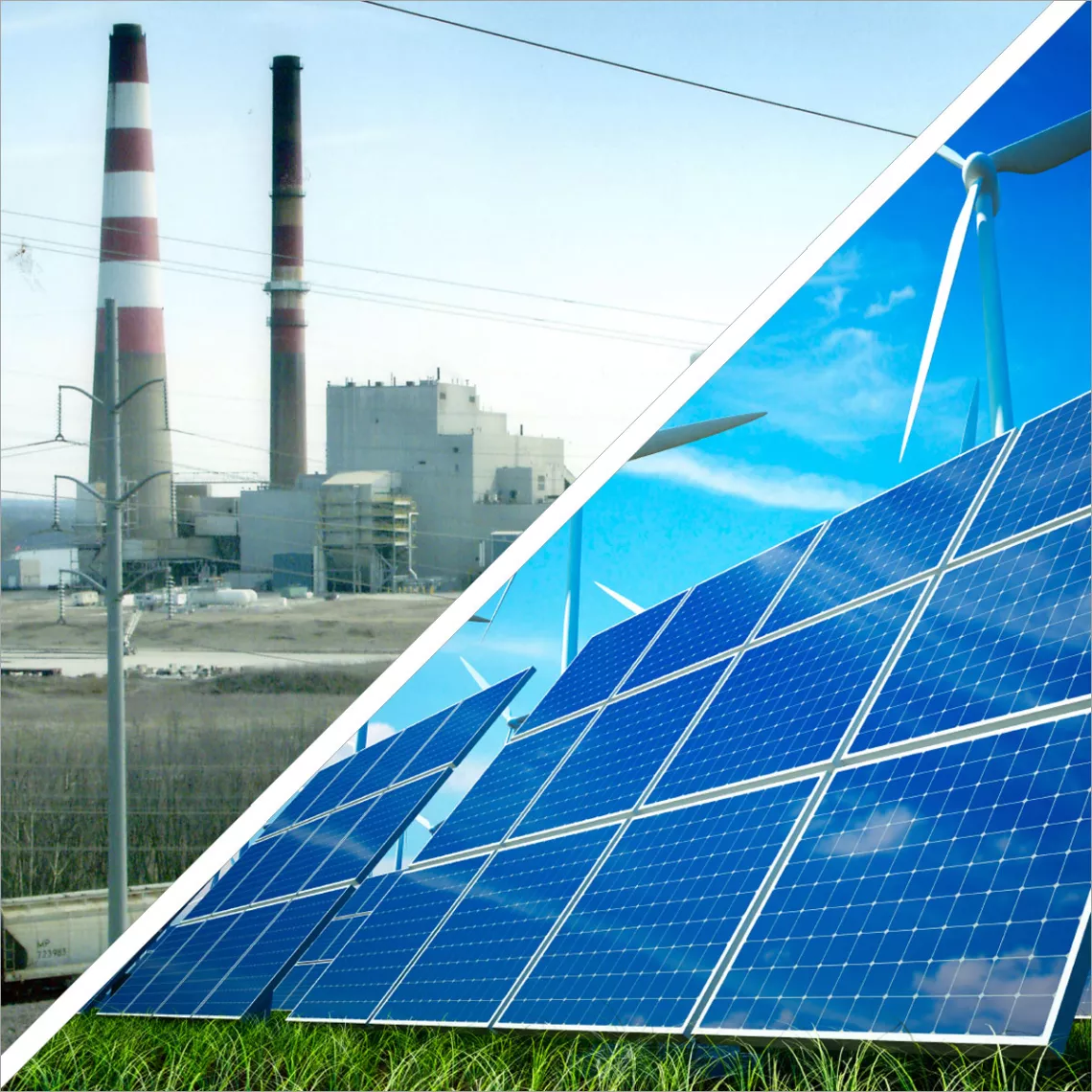 Powerplant, wind turbines, and solar panels
