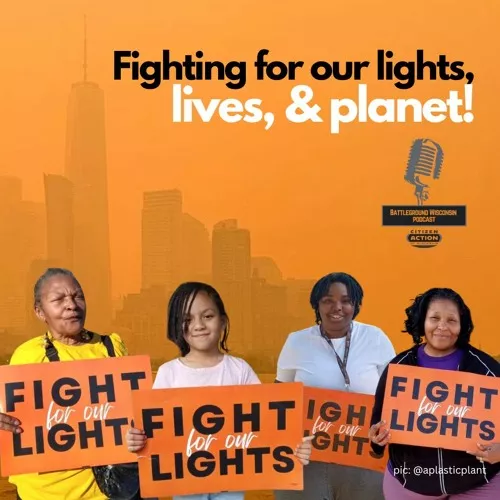 On an orange background, the text "fighting for our lights, lives and planet!" is at the top. The bottom of the image is 4 people, each holding a "fight for our lights" sign. The people are a range of ages and skin tones; all are Black or Brown.