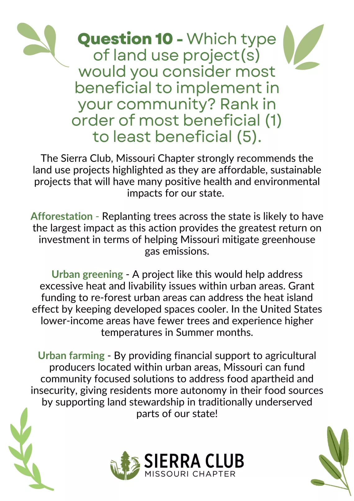 Question 10 - Why the Sierra Club supports afforestation, urban greening, and urban farming