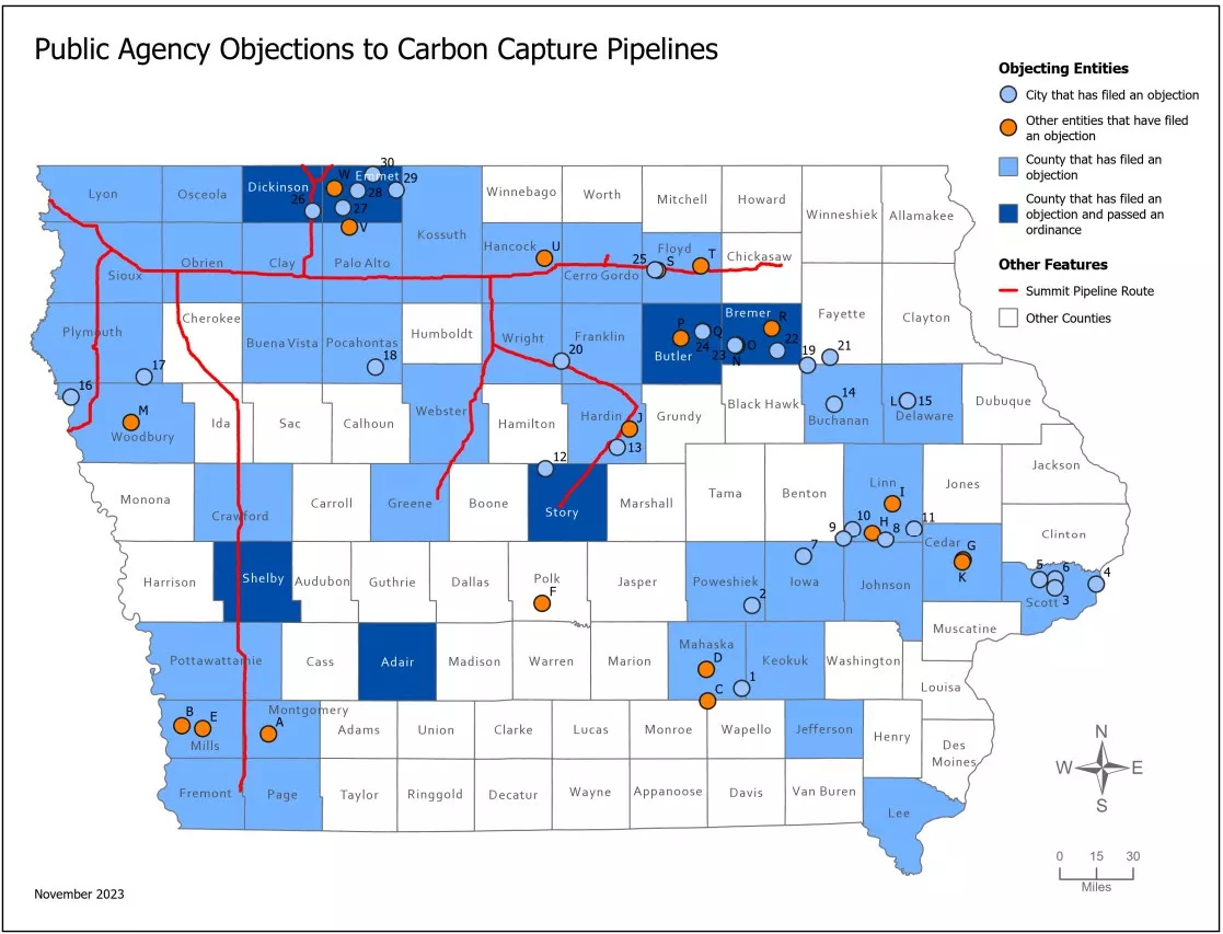 Map of counties and cities that have objected to the CO2  pipelines