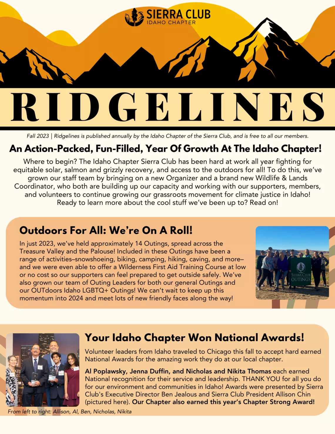 Front page of Newsletter, titled RIDGELINES with mountainscape on top with orange backdrop