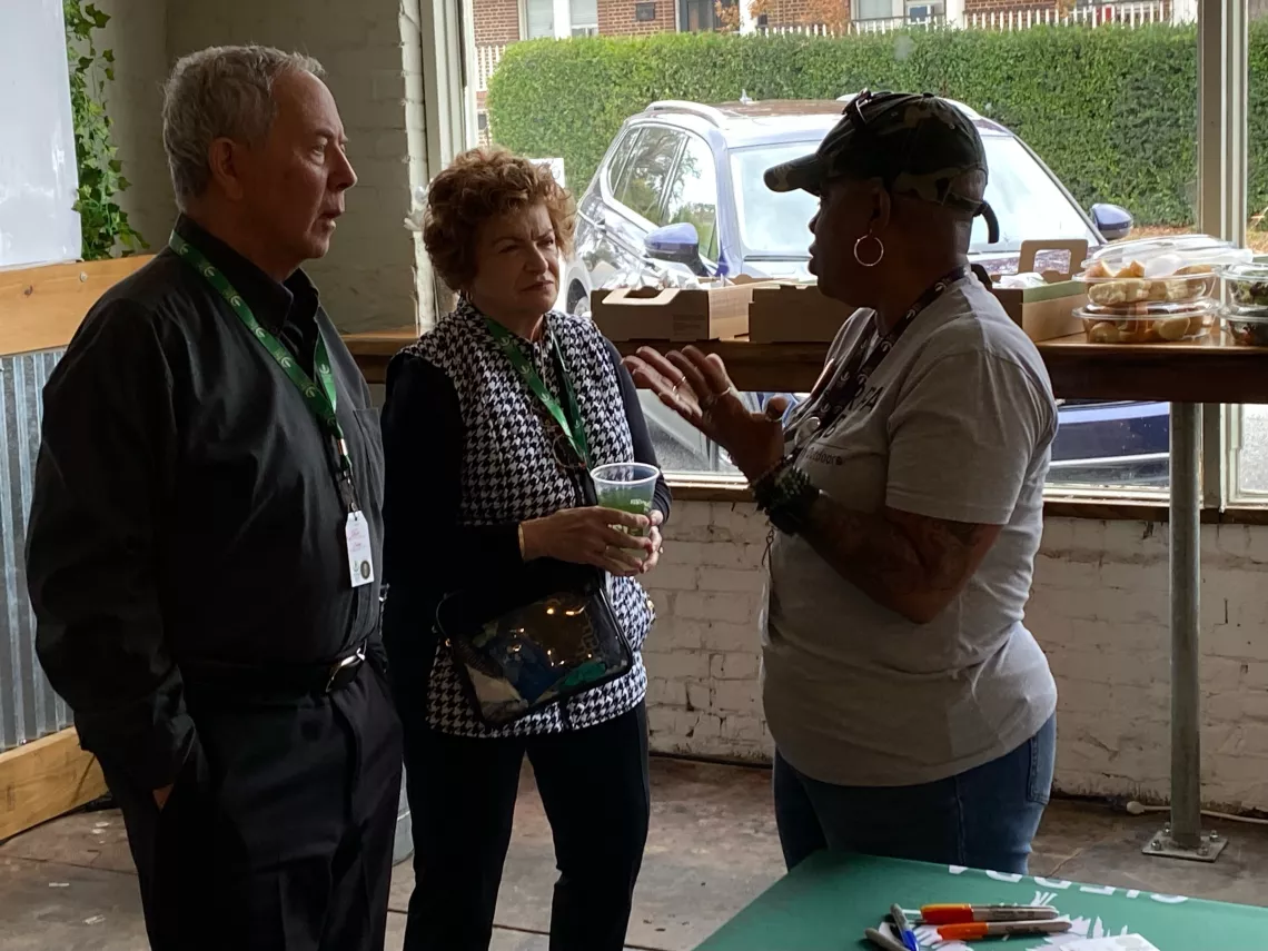 Senior Campaign Strategist Vedia Barnett talks with attending veterans at the Augusta stop of the Sierra Club Military Outdoors listening session series.