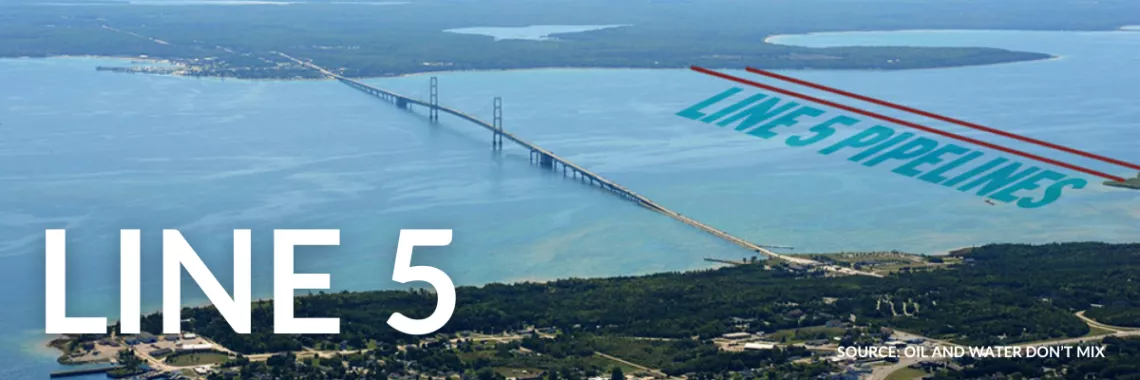 aerial shot of mackinac bridge with lines showing where Line 5 pipelines are