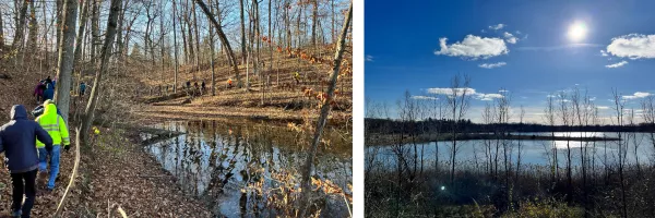 Left: Three hikers walk along a body of water in the woods; Right: image of lake and reeds