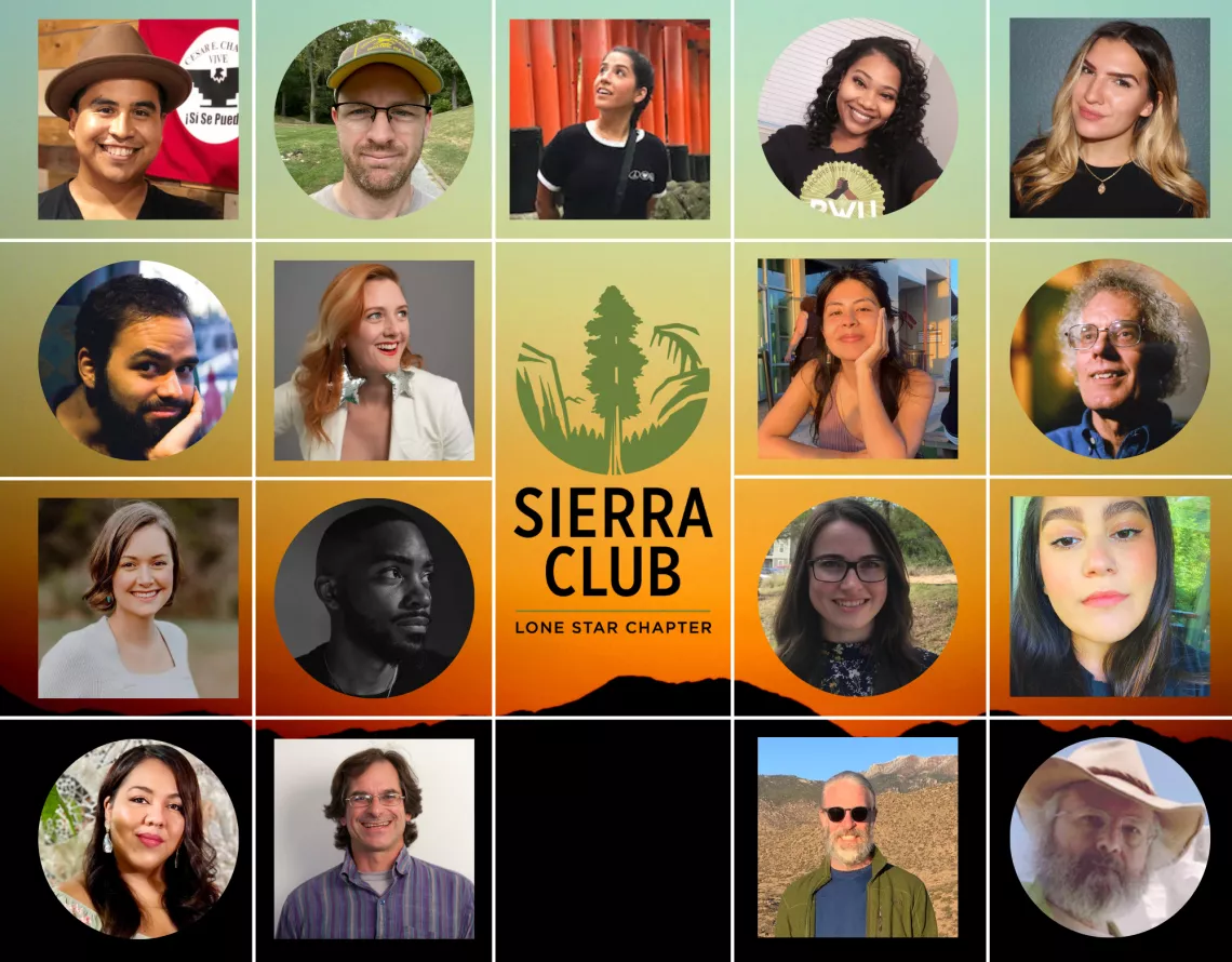 A collage of Sierra Club Lone Star Chapter staff members with the Chapter logo in the center.