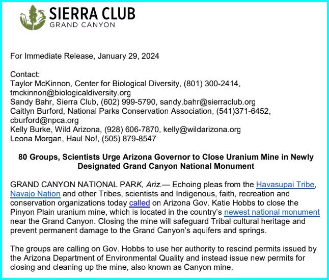 80 Groups, Scientists Urge Arizona Governor to Close Uranium Mine in Newly  Designated Grand Canyon National Monument
