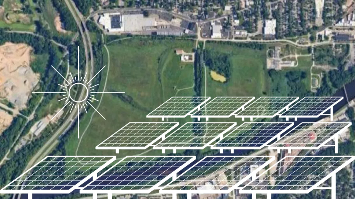 aerial view of butterworth landfill site in Grand Rapids with graphic of solar panels overlaid