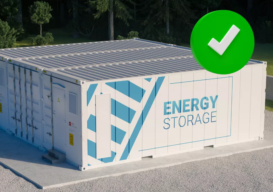 An artist's rendering of 3 storage units together labeled "energy storage" with a green checkmark overlayed