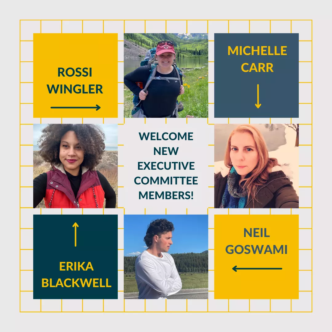 A graphic showing four people and their names with arrows pointing to the person. The names are Rossi Wingler, Michelle Carr, Neil Goswami, and Erika Blakwell. In the middle there's a box saying Welcome New Executive Committee Members!