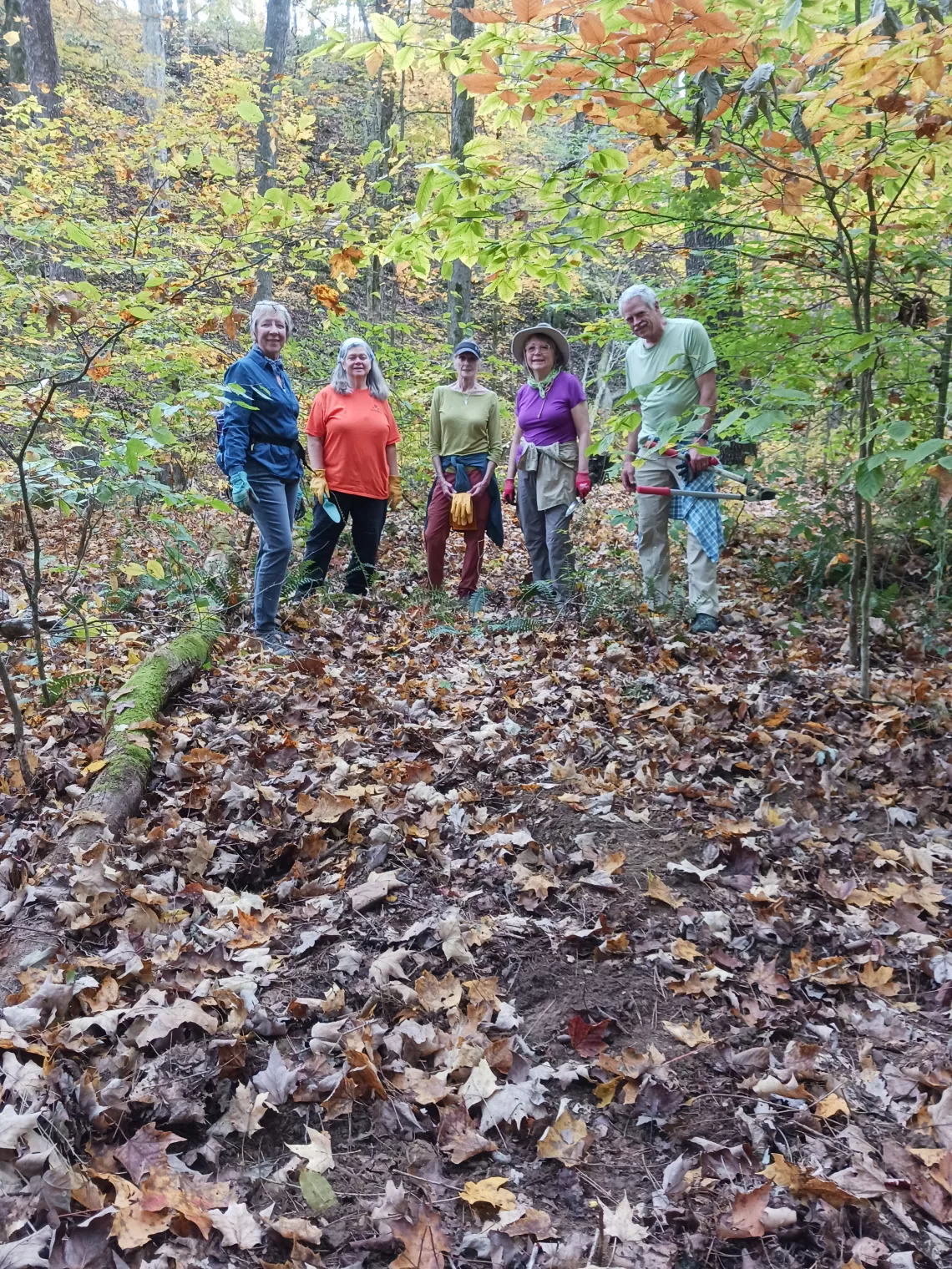 Five people stood in a forest. Some are holding gardening tools. They are all turned towards the camera and smiling. There are many brown leaves on the ground.