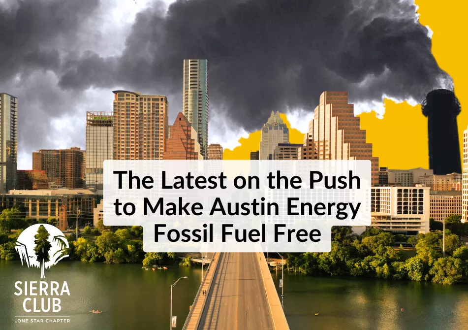 Austin skyline with a dirty smokestack in the background. Text: The latest on the push to make Austin Energy fossil fuel free