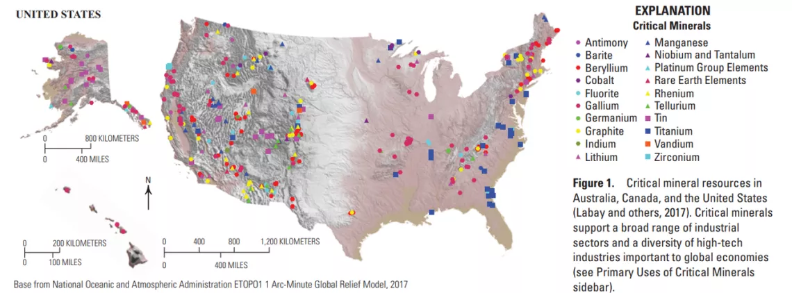 Locations of critical mineral deposits in the United States. US Geological Service, Public Domain. 