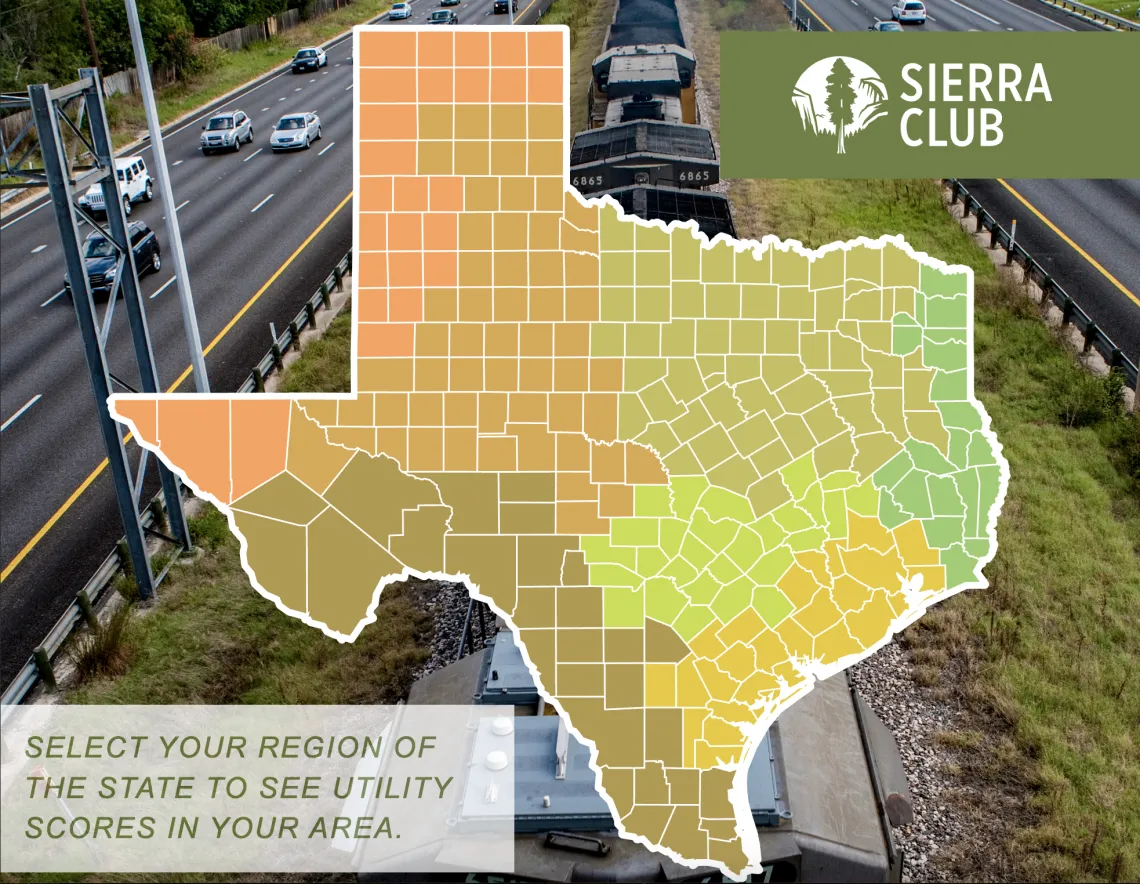 A graphic of the state of Texas divided up into districts, color-coded according to how the local utilities perform.