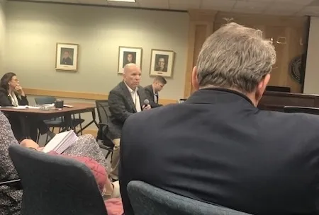 A bald man in a suit speaks into a microphone in a conference room. A woman with dark hair behind him appears to be concentrating hard. In the foreground is the back of a man in a suit jacket.