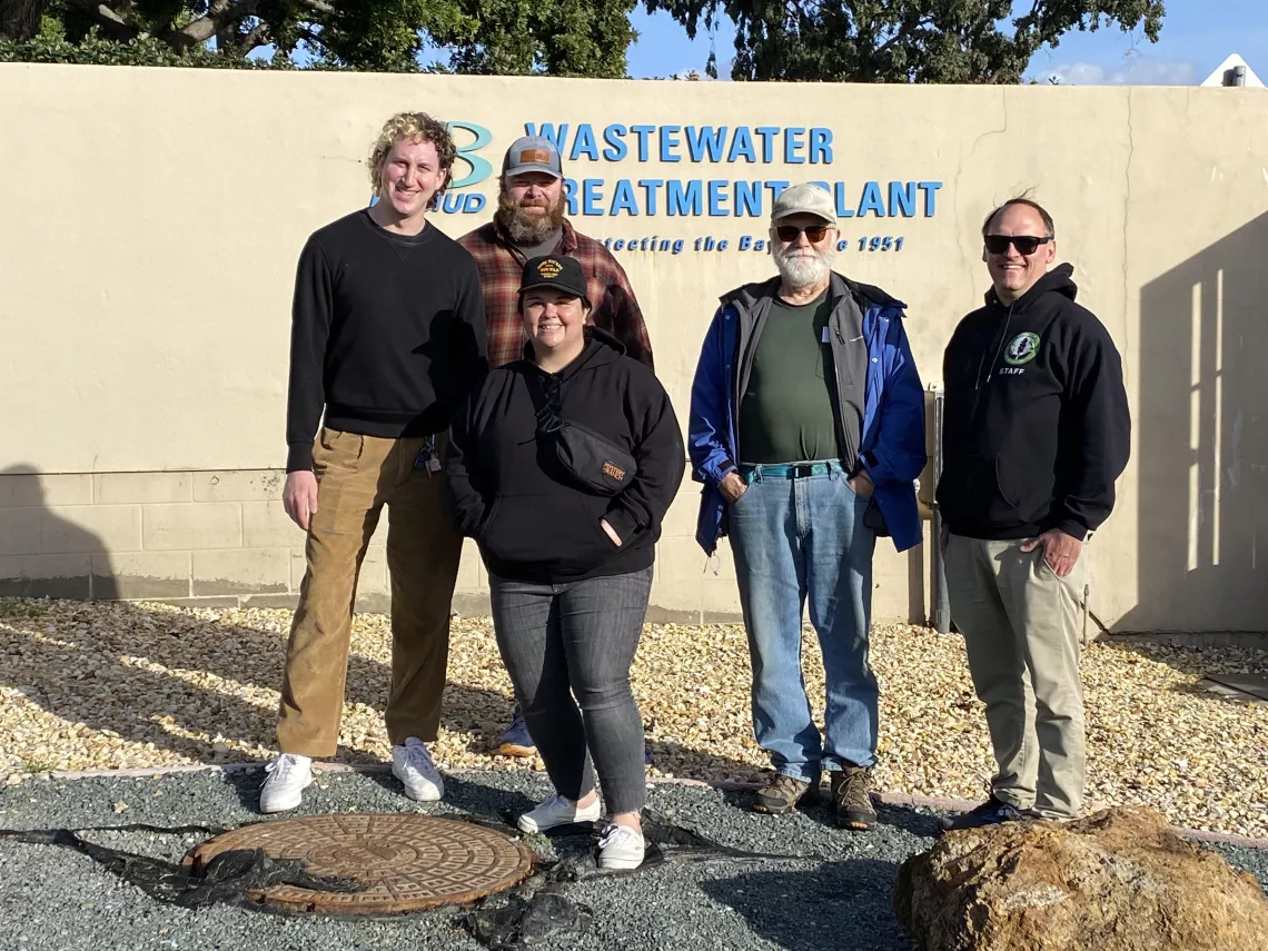 Jacob Klein, Zephir O'Meara, Dani Zacky, Heinrich Albert, and Matt Bielby outside the EBMUD treatment facility on their tour of the plant.