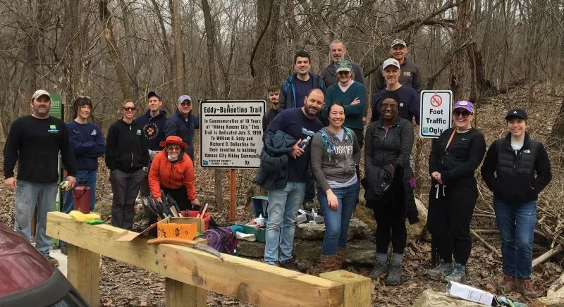Volunteers from MDC, JCPR, and Sierra Club have been gathering to help rid the Eddy-Ballentine Trail area of invasive honeysuckle for 3 years and counting. Sadly, Dr. William Eddy, co-author of the Hiking Kansas City books and co-founder of the Eddy-Ballentine Trail, passed away on October 10, 2023. We join all our outdoor-loving friends in celebrating Dr. Eddy's legacy.   Photo by Ellen Brenneman 