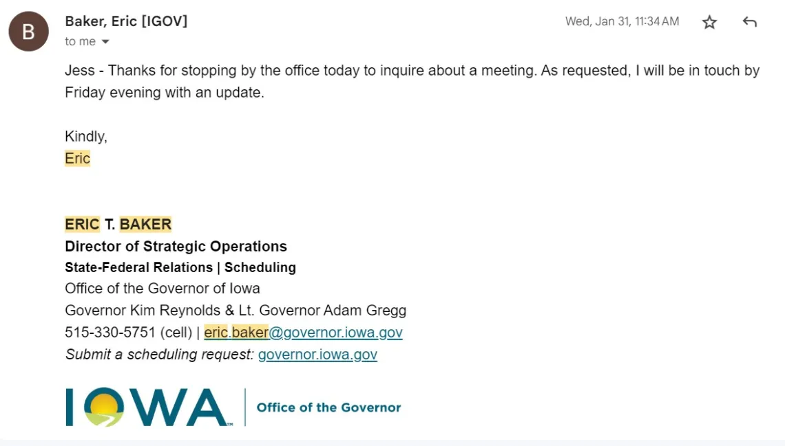 Screen shot of email with Eric Baker