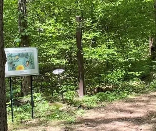 Signs beside trail in woods