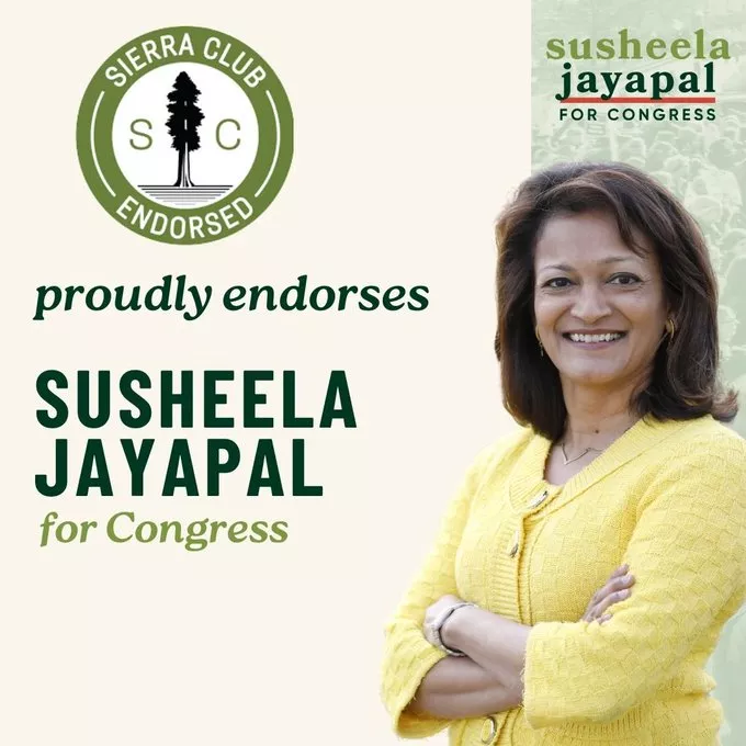 A photo of candidate Susheela Jayapal smiling. Text reads, Sierra Club proudly endorses for congress.