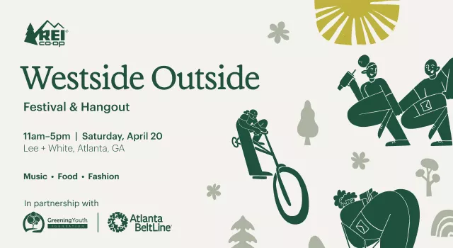 Image shows cartoons of people enjoying outdoor activities. Text on the image reads, "Westside Outside Festival & Hangout. 11 AM to 5 PM, Saturday, April 20. Lee + White, Atlanta, Georgia. Music, food, fashion. In partnership with Greening Youth Foundation and Atlanta Beltline