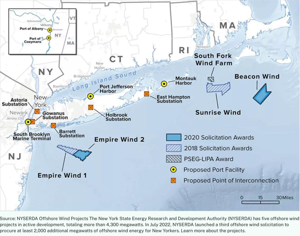 map Showing New York off-shore wind projects