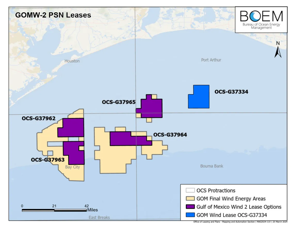 Screenshot of a map showing wind energy locations in the Gulf of Mexico