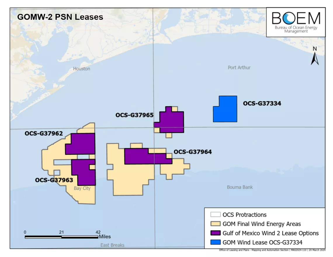 Screenshot of a map showing wind energy locations in the Gulf of Mexico