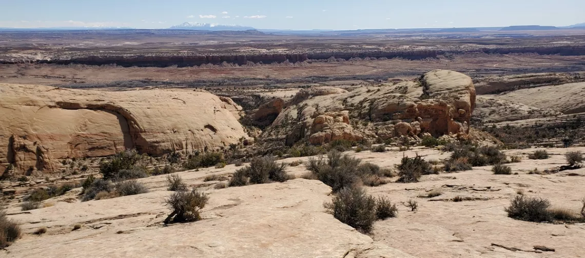 Looking east from the top of Comb Ridge. Sleeping Ute Mountain is on the horizon left of center