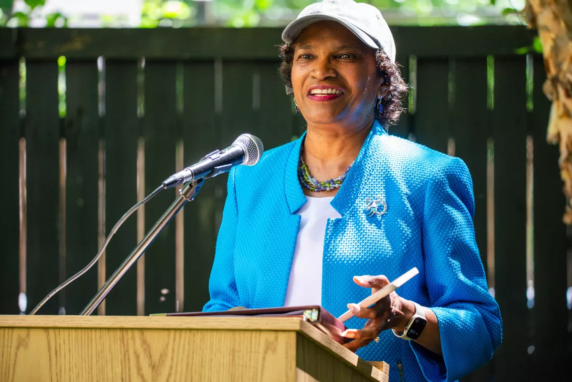 White House CEQ Chair Brenda Mallory speaks at a podium