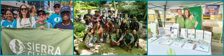 Volunteers marching, hiking, and tabling.