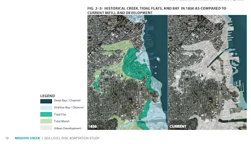 Historical creek, tidal flats and bay in 1850 as compared to current infill and development. 2016 Courtesy SPUR.