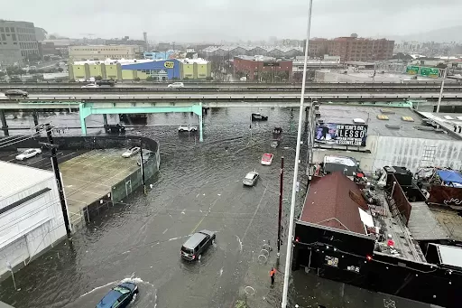 Flooding under the Central Freeway dividing the Mission and SoMa in San Francisco on Dec. 31, 2022 