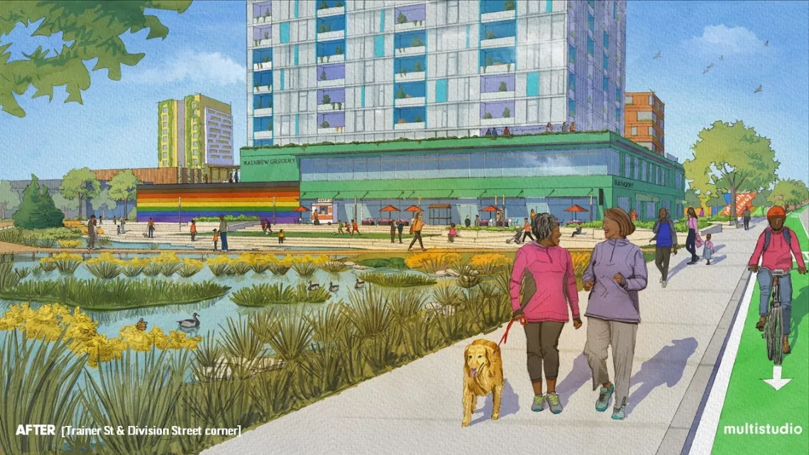 An example of a conversion from asphalt and concrete parking lots to restorative waterways and open spaces from Multistudio, BASE, and Badiner Urban Planning. Illustration for prototype and discussion purposes, not intended as a final engineering design.