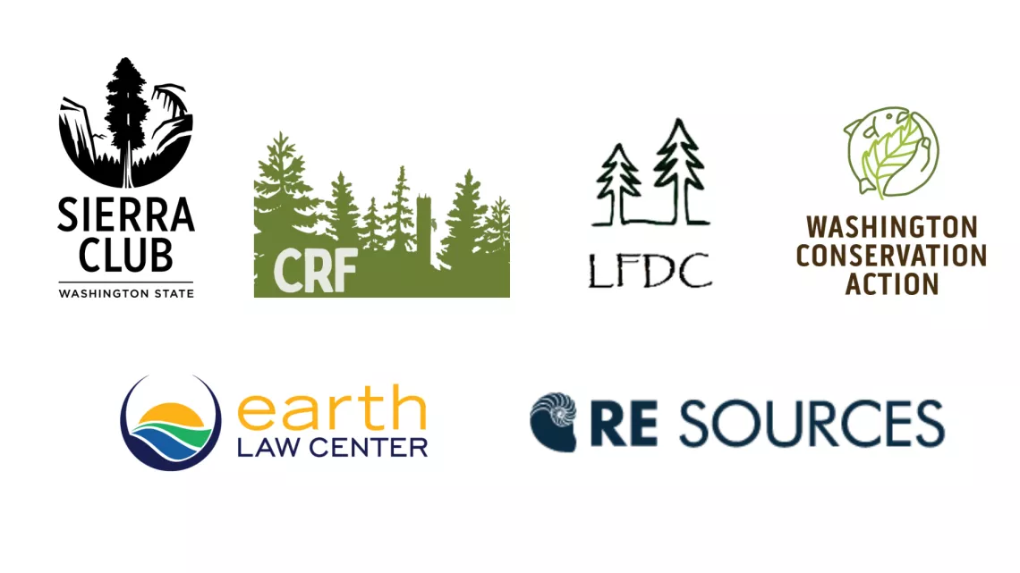Logos: Sierra Club WA, CRF, LFDC, Washington Conservation Action, Earth Law Center, RE Sources