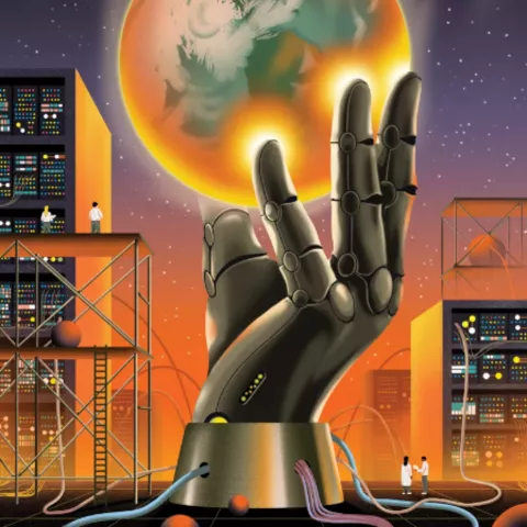 image from Sierra magazine of a hand powering data centers