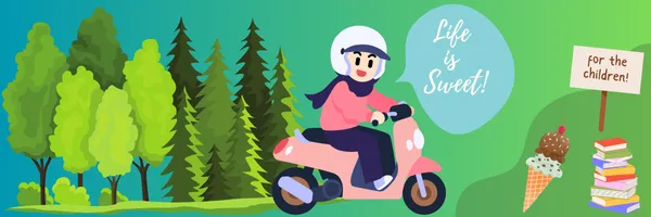 Girl riding motorbike through forest 