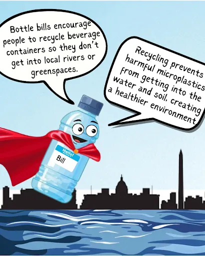 A plastic bottle in a cape talking about the importance of bottle bills