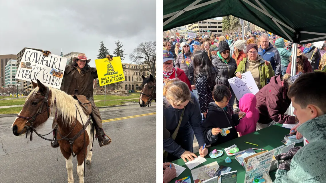 a collage of photos of a woman on a horse holding signs in both hands and a crowd of people in front of a booth 