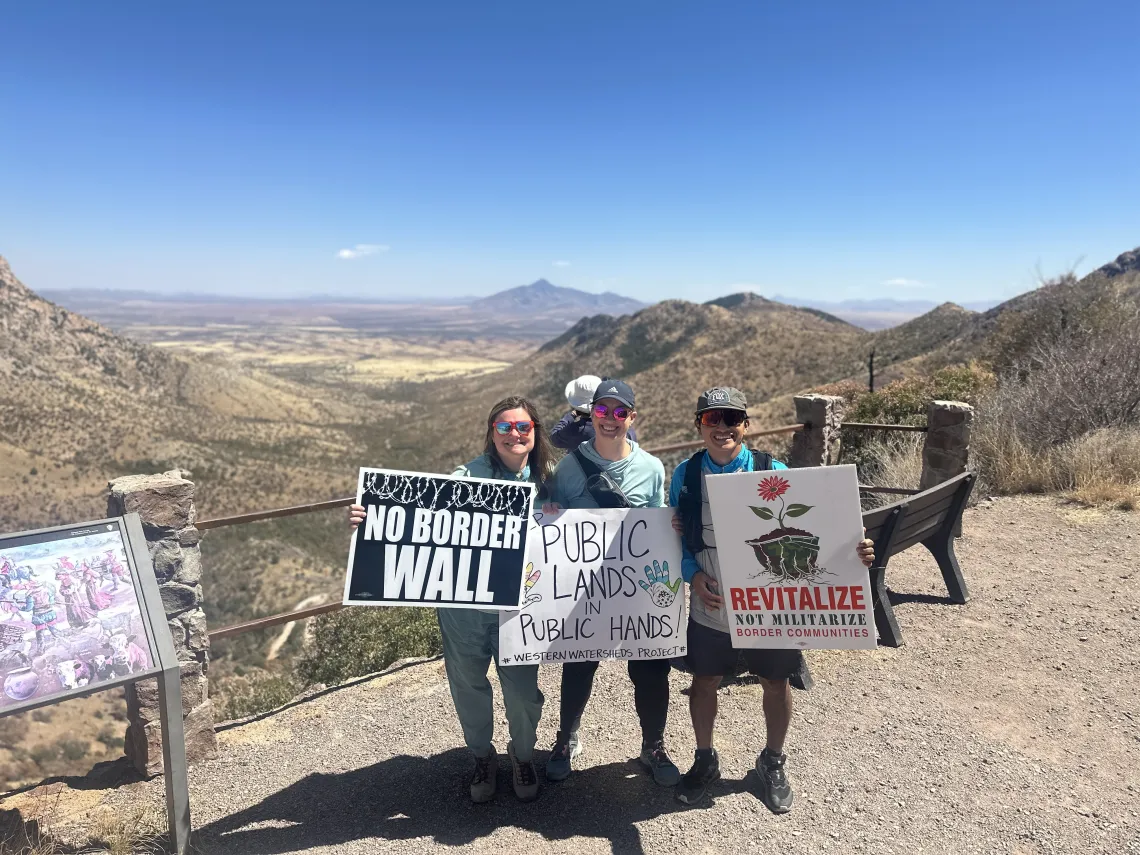 three people holding signs in a vast desert landscape