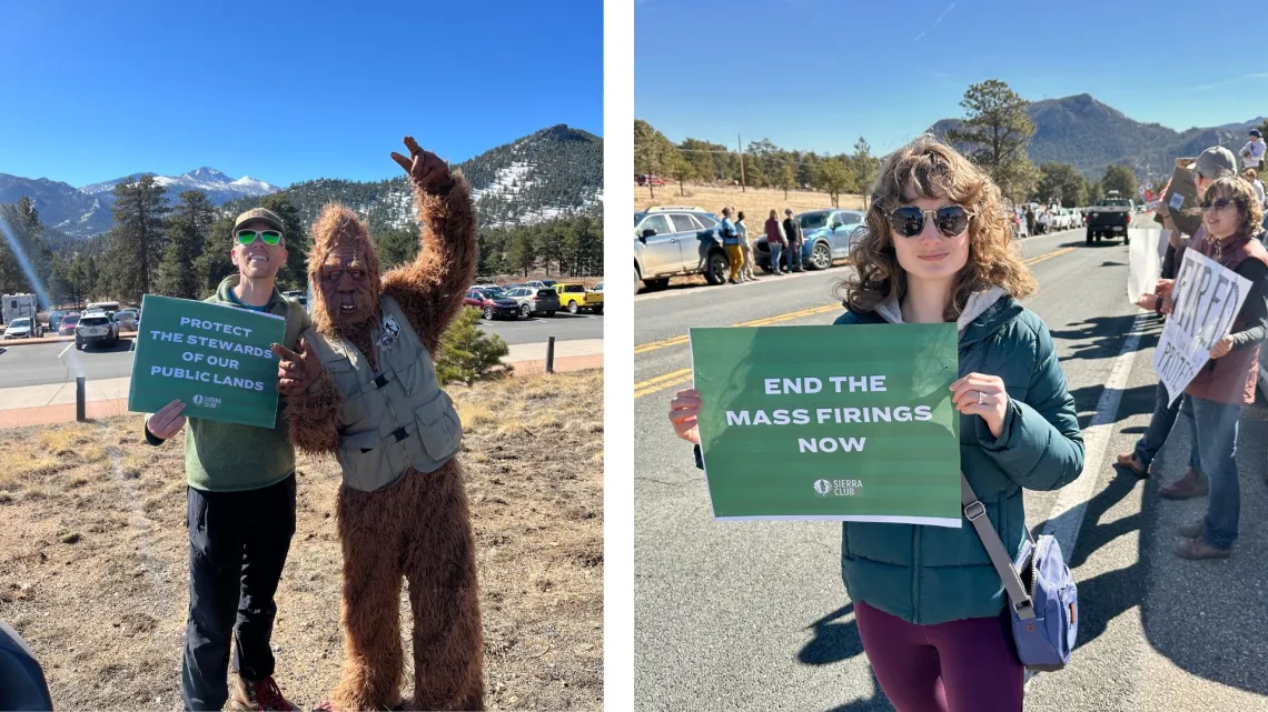 a collage of two photos of people holding signs