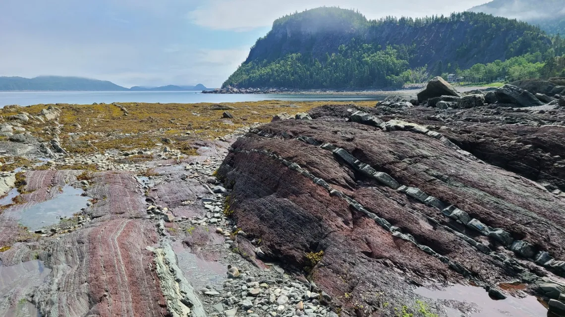 On the north side of a small peninsula at the west end of the park; The laminated rock is shale, with the red color from iron, and the light gray layers maybe limestone