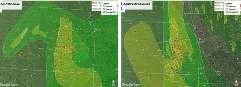 green map of smoke points during April 2025 burns