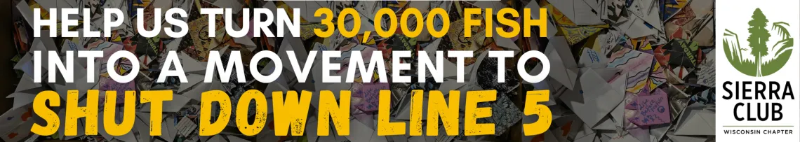 Help us turn 30,000 fish into a movement to shut down line 5 written on a darkened picture of a pile of origami fish
