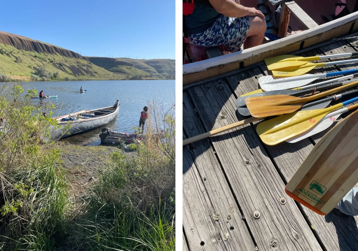 Two photographs side by side. Left: a short beach pathway leads to a wide river where a canoe and several people wait. Right: a pile of 10 canoe paddles lays on a weathered wooden dock.