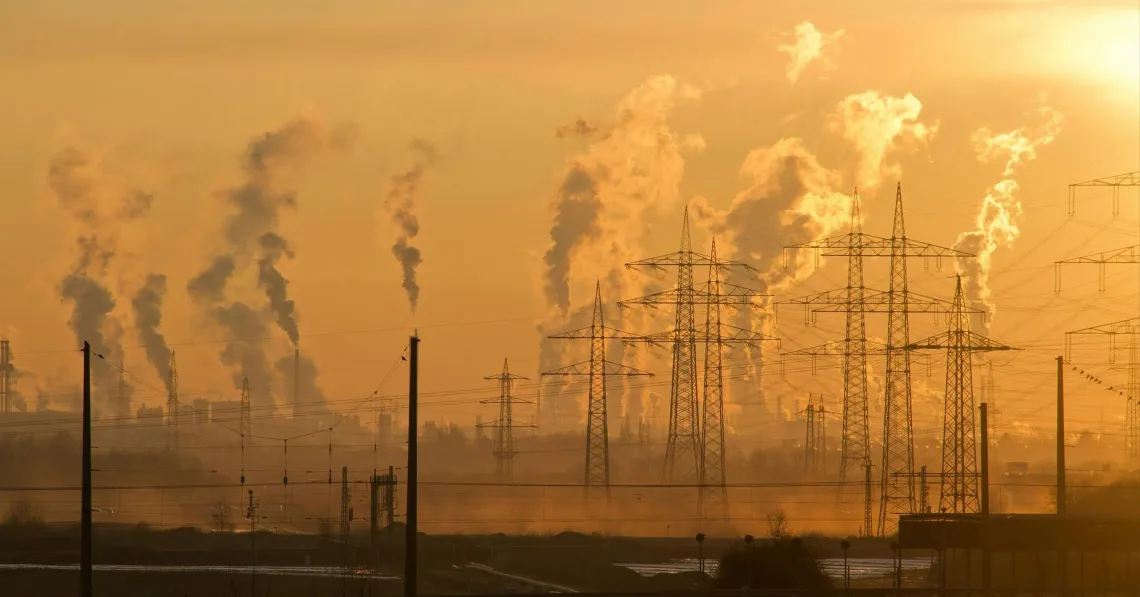 Electric towers and air pollution in yellow sky